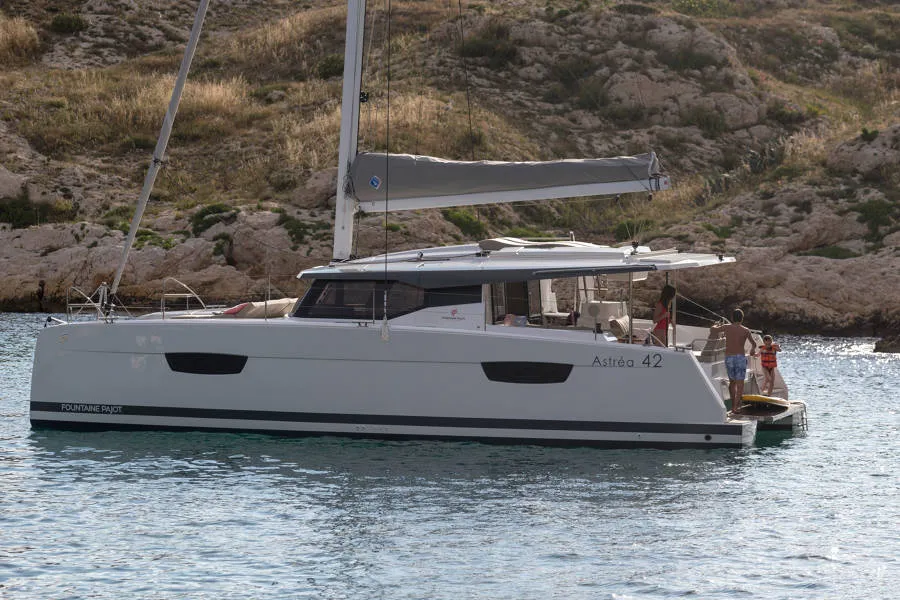 Exterior view of Capella 1, a Fountaine Pajot Astrea 42 catamaran at Fethiye, Turkey