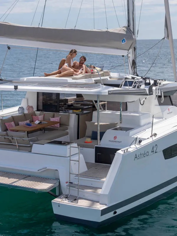 Exterior view of Capella 1, a Fountaine Pajot Astrea 42 catamaran at Fethiye, Turkey