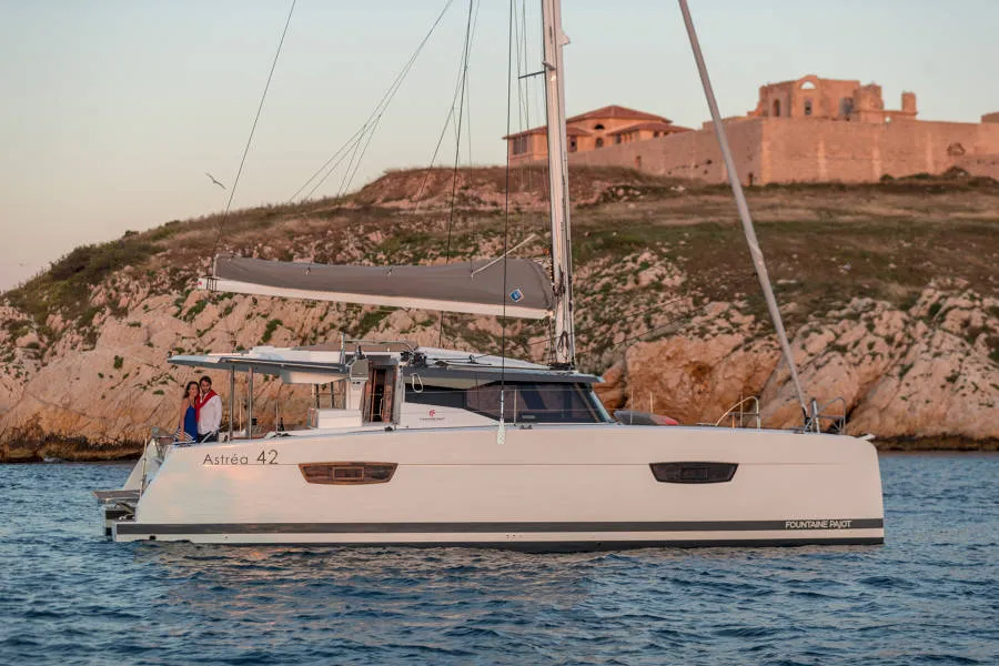 Exterior view of Capella 1, a Fountaine Pajot Astrea 42 catamaran at Fethiye, Turkey