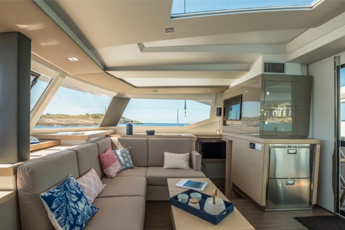 Salon of Capella 1, a Fountaine Pajot Astrea 42 catamaran at Fethiye, Turkey