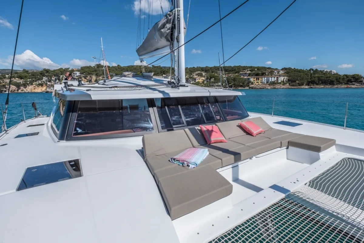 Deck of Capella 1, a Fountaine Pajot Astrea 42 catamaran at Fethiye, Turkey