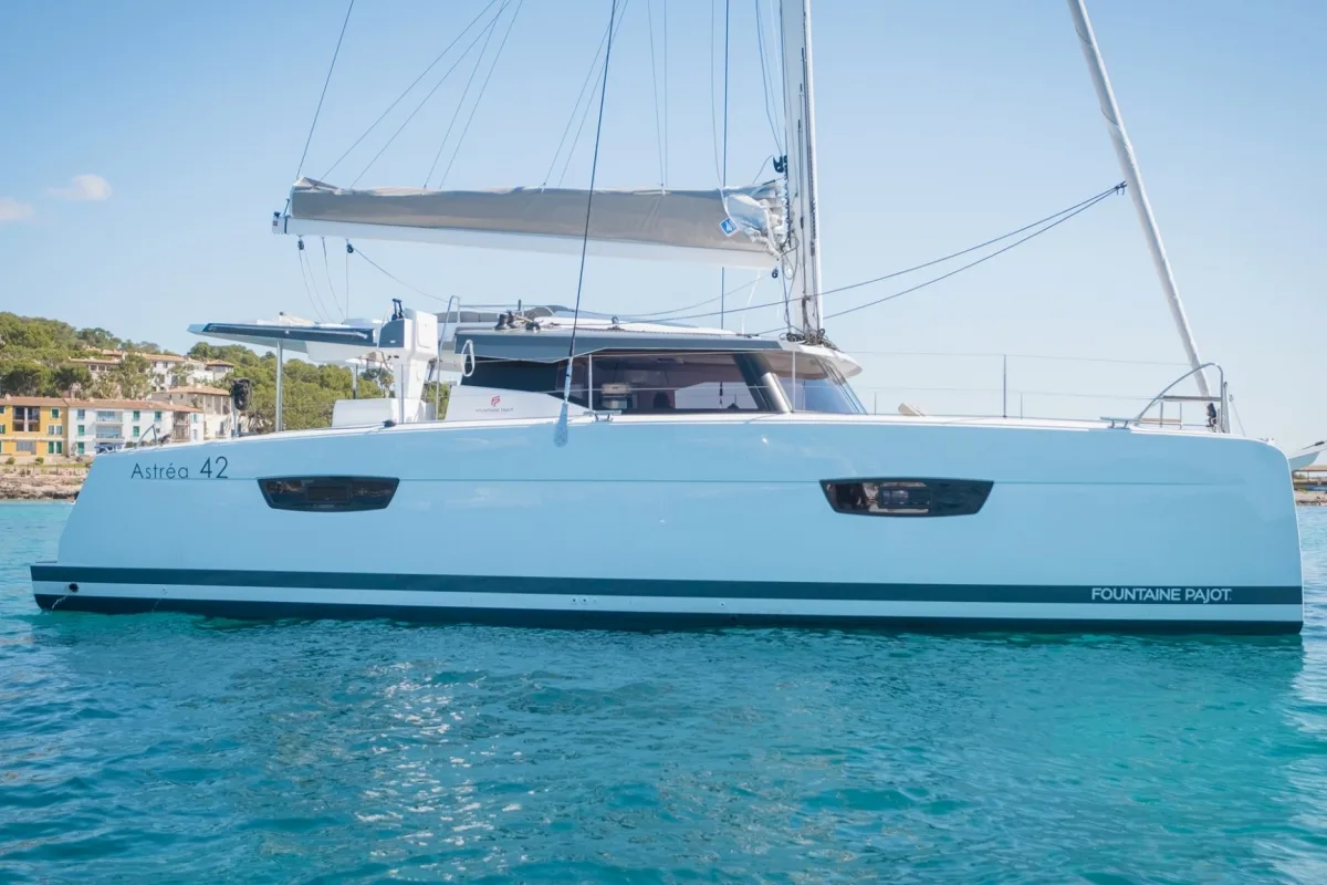 Exterior view of Capella 1, a Fountaine Pajot Astrea 42 catamaran at Fethiye, Turkey
