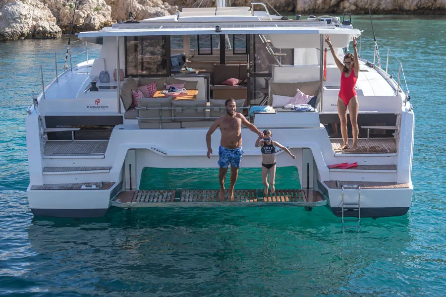 Exterior view of Capella 1, a Fountaine Pajot Astrea 42 catamaran at Fethiye, Turkey