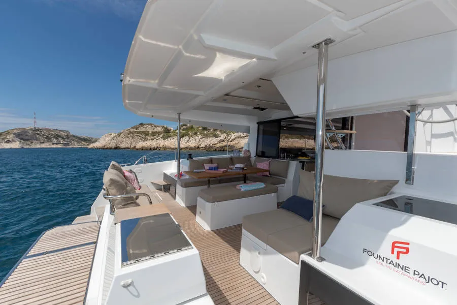 Deck of Capella 1, a Fountaine Pajot Astrea 42 catamaran at Fethiye, Turkey