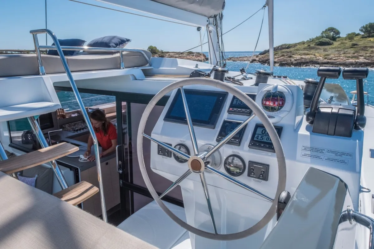 Cockpit of Capella 1, a Fountaine Pajot Astrea 42 catamaran at Fethiye, Turkey