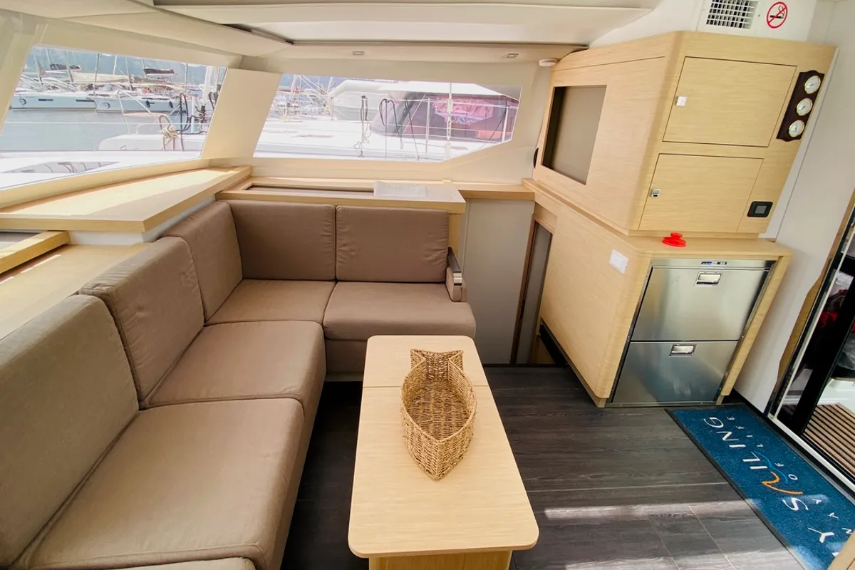 Salon of Capella 1, a Fountaine Pajot Astrea 42 catamaran at Fethiye, Turkey