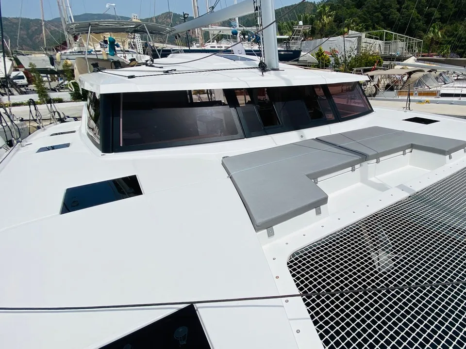 Deck of Capella 1, a Fountaine Pajot Astrea 42 catamaran at Fethiye, Turkey