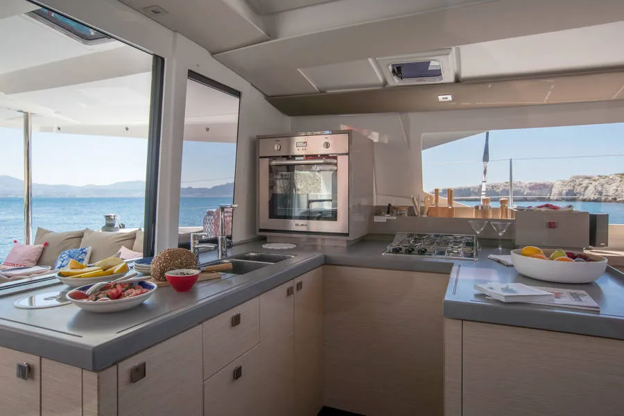 Galley of Capella 1, a Fountaine Pajot Astrea 42 catamaran at Fethiye, Turkey