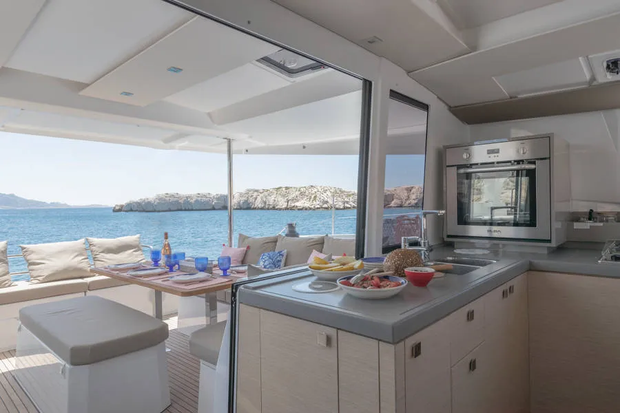 Galley of Capella 1, a Fountaine Pajot Astrea 42 catamaran at Fethiye, Turkey
