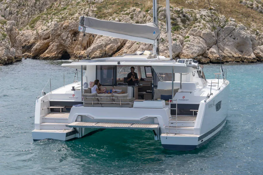 Exterior view of Capella 1, a Fountaine Pajot Astrea 42 catamaran at Fethiye, Turkey
