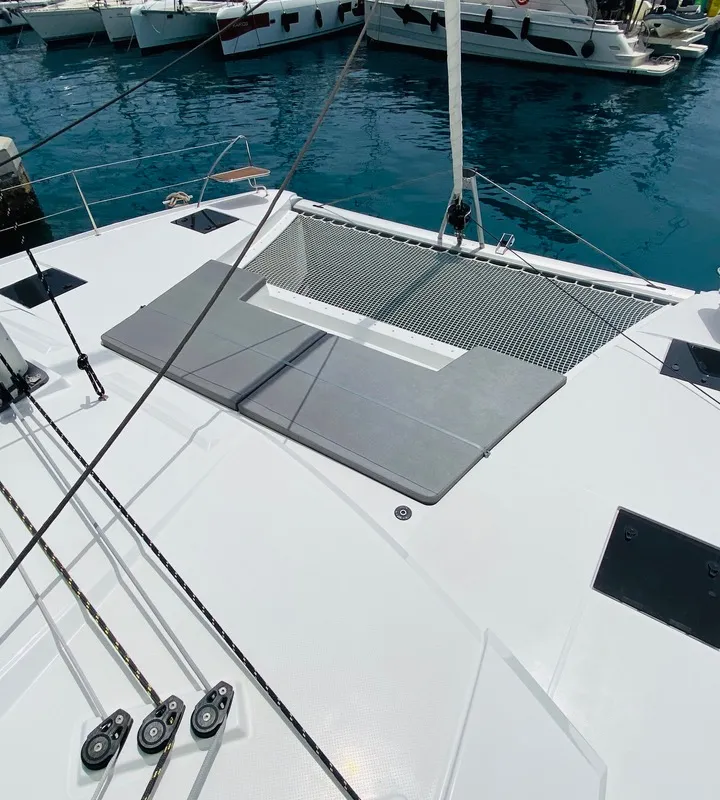 Deck of Capella 1, a Fountaine Pajot Astrea 42 catamaran at Fethiye, Turkey