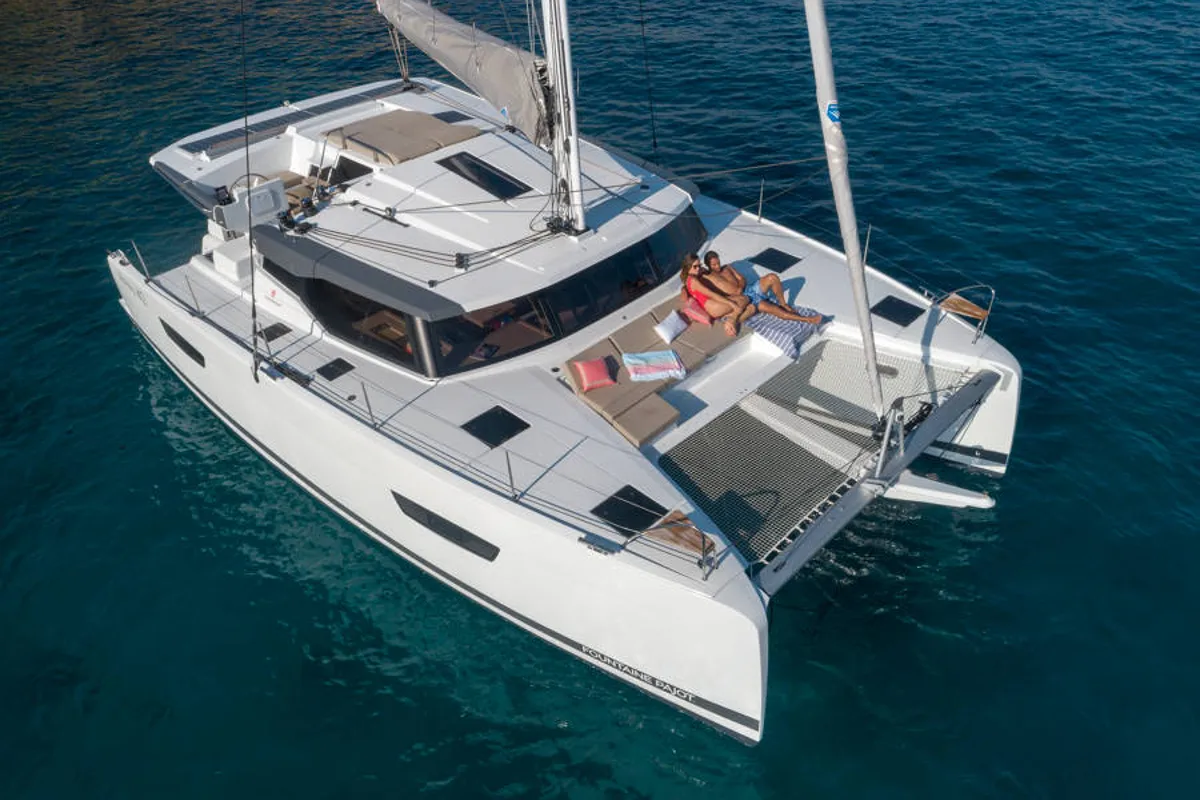 Exterior view of Capella 1, a Fountaine Pajot Astrea 42 catamaran at Fethiye, Turkey