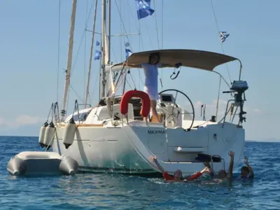 Exterior view of Maxima, a Jeanneau Sun Odyssey 33i sailboat at Kontokali, Greece