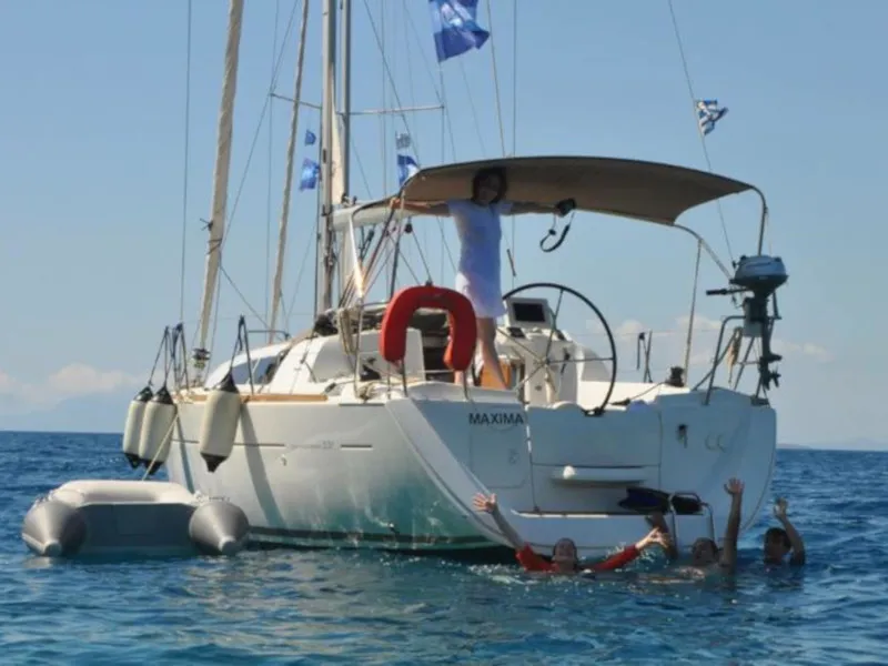 Exterior view of Maxima, a Jeanneau Sun Odyssey 33i sailboat at Kontokali, Greece