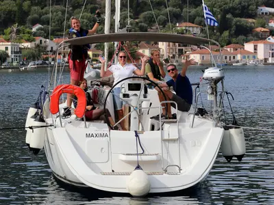 Exterior view of Maxima, a Jeanneau Sun Odyssey 33i sailboat at Kontokali, Greece