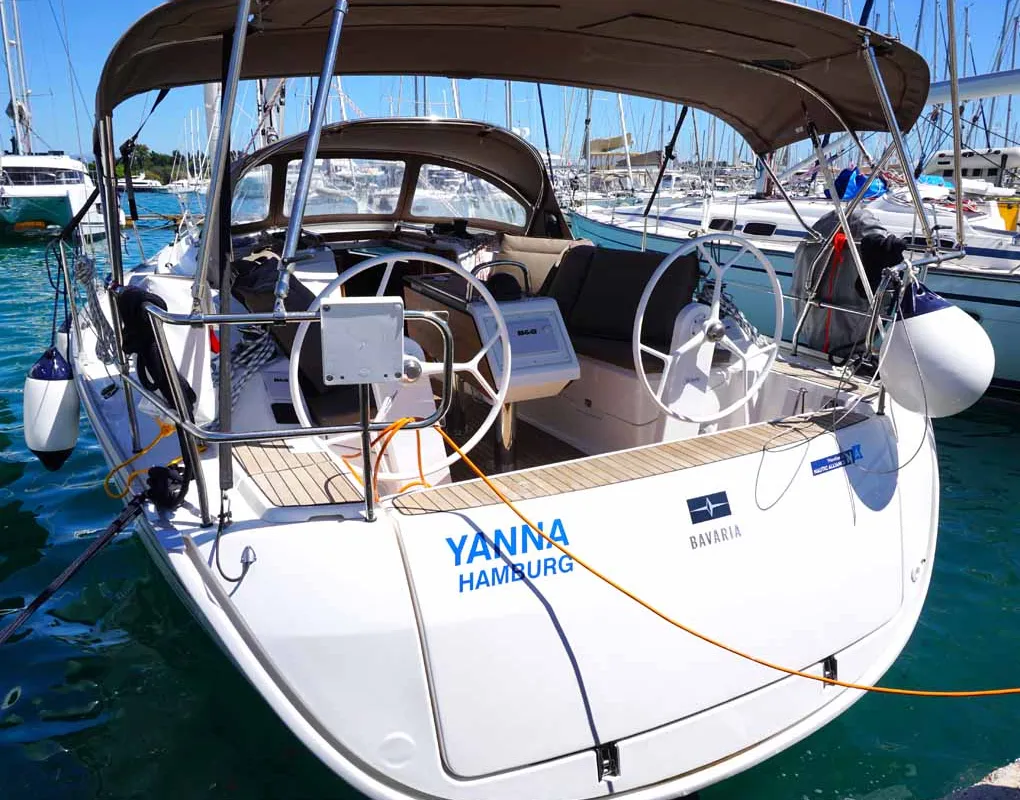 Exterior view of Yanna, a Bavaria Cruiser 34 sailboat at Kontokali, Greece