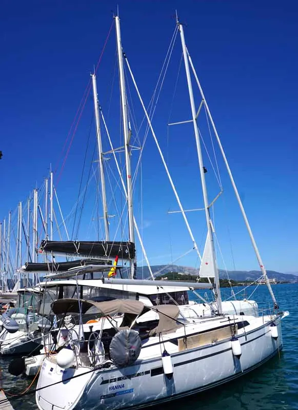 Exterior view of Yanna, a Bavaria Cruiser 34 sailboat at Kontokali, Greece