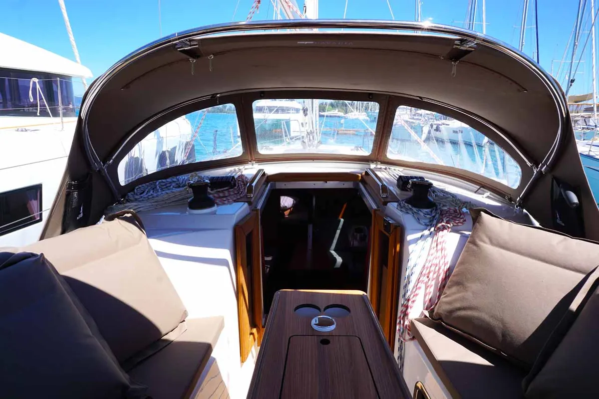 Deck of Yanna, a Bavaria Cruiser 34 sailboat at Kontokali, Greece