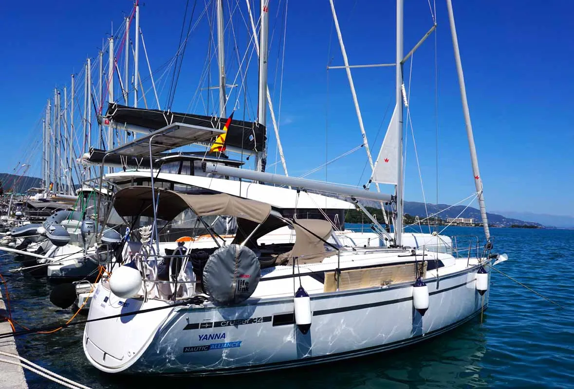 Exterior view of Yanna, a Bavaria Cruiser 34 sailboat at Kontokali, Greece