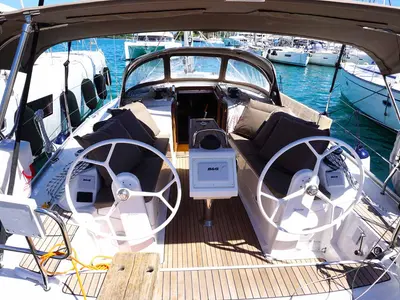 Cockpit of Yanna, a Bavaria Cruiser 34 sailboat at Kontokali, Greece