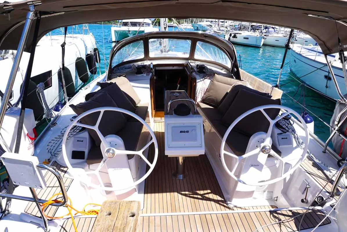 Cockpit of Yanna, a Bavaria Cruiser 34 sailboat at Kontokali, Greece