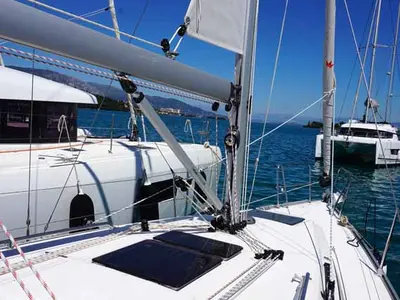 Deck of Yanna, a Bavaria Cruiser 34 sailboat at Kontokali, Greece