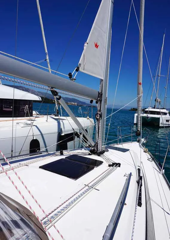 Deck of Yanna, a Bavaria Cruiser 34 sailboat at Kontokali, Greece