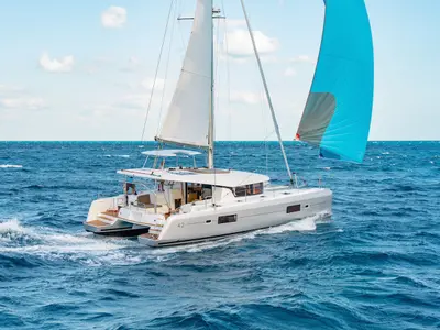 Exterior view of Parceval, a Lagoon 42 catamaran at Felanitx, Spain