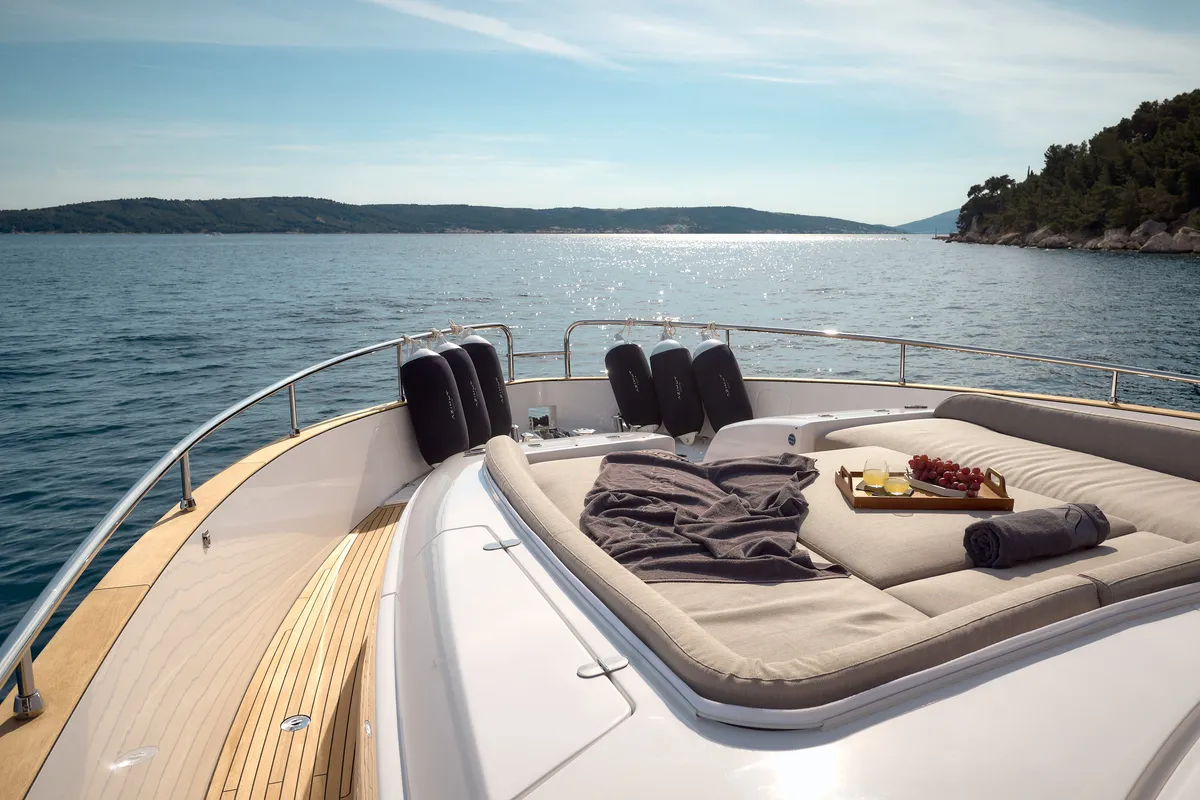 Deck of Ava II, a Azimut Magellano 66 motor yacht at Lavreotiki, Greece