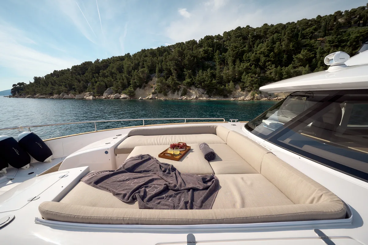 Deck of Ava II, a Azimut Magellano 66 motor yacht at Lavreotiki, Greece