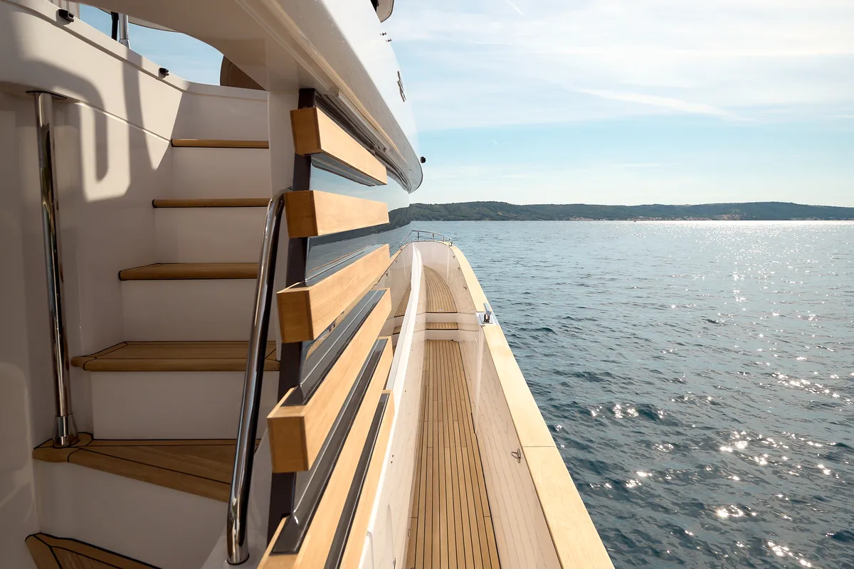 Deck of Ava II, a Azimut Magellano 66 motor yacht at Lavreotiki, Greece