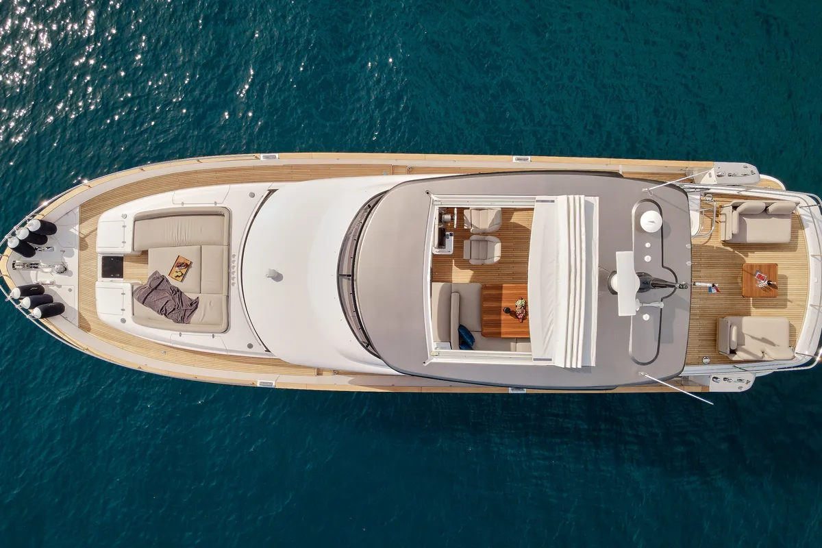 Exterior view of Ava II, a Azimut Magellano 66 motor yacht at Lavreotiki, Greece