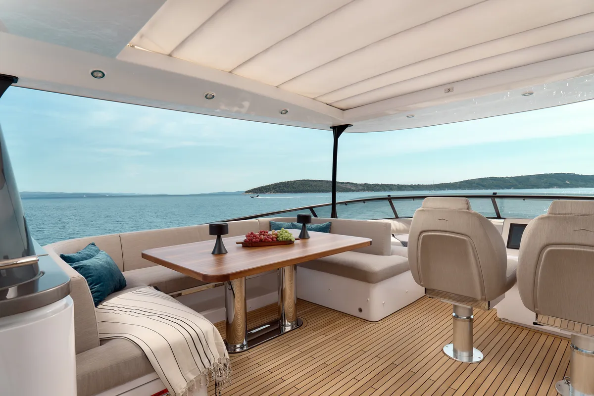 Cockpit of Ava II, a Azimut Magellano 66 motor yacht at Lavreotiki, Greece