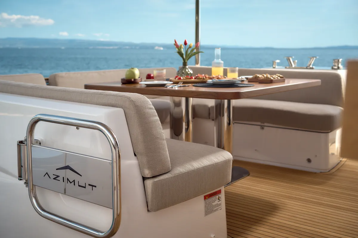 Deck of Ava II, a Azimut Magellano 66 motor yacht at Lavreotiki, Greece