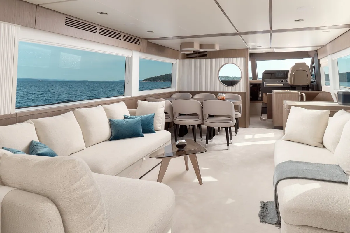 Salon of Ava II, a Azimut Magellano 66 motor yacht at Lavreotiki, Greece