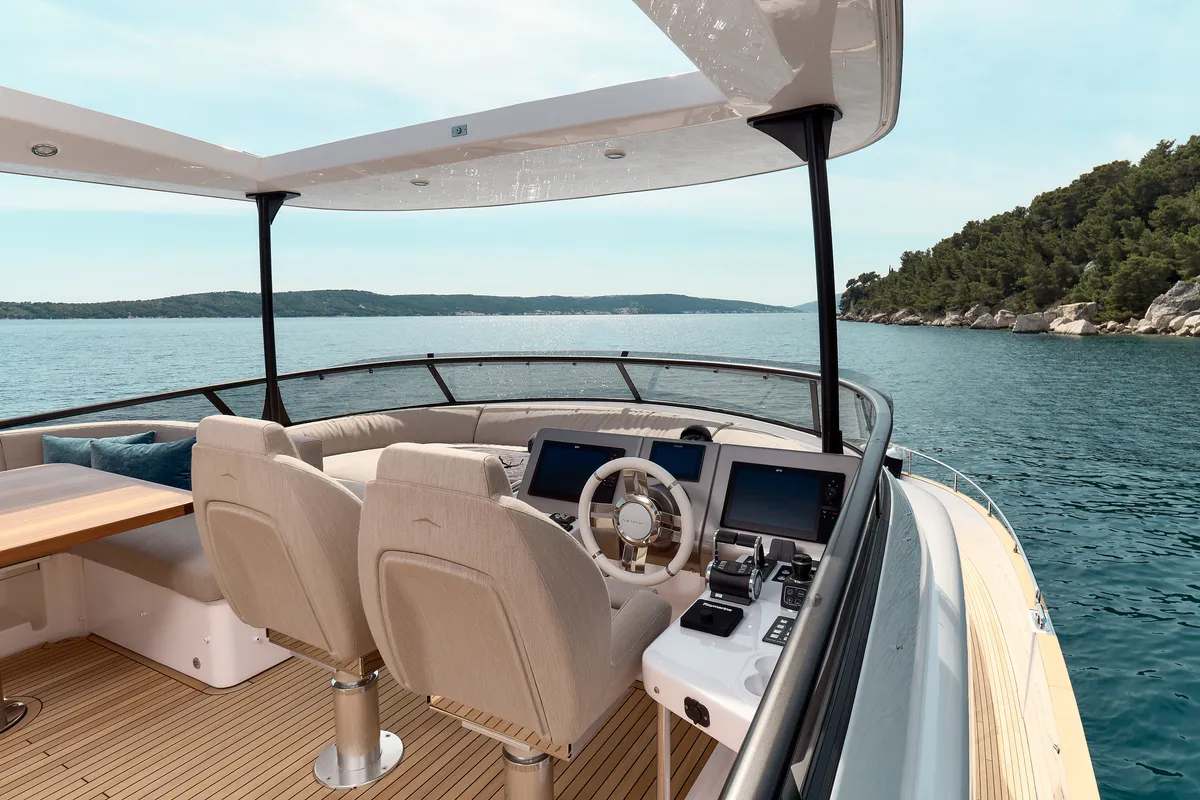 Cockpit of Ava II, a Azimut Magellano 66 motor yacht at Lavreotiki, Greece