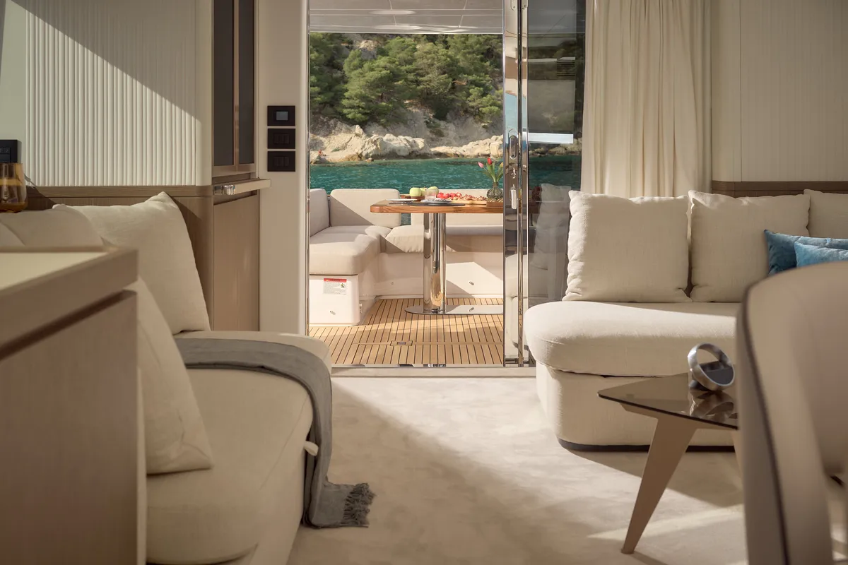 Salon of Ava II, a Azimut Magellano 66 motor yacht at Lavreotiki, Greece