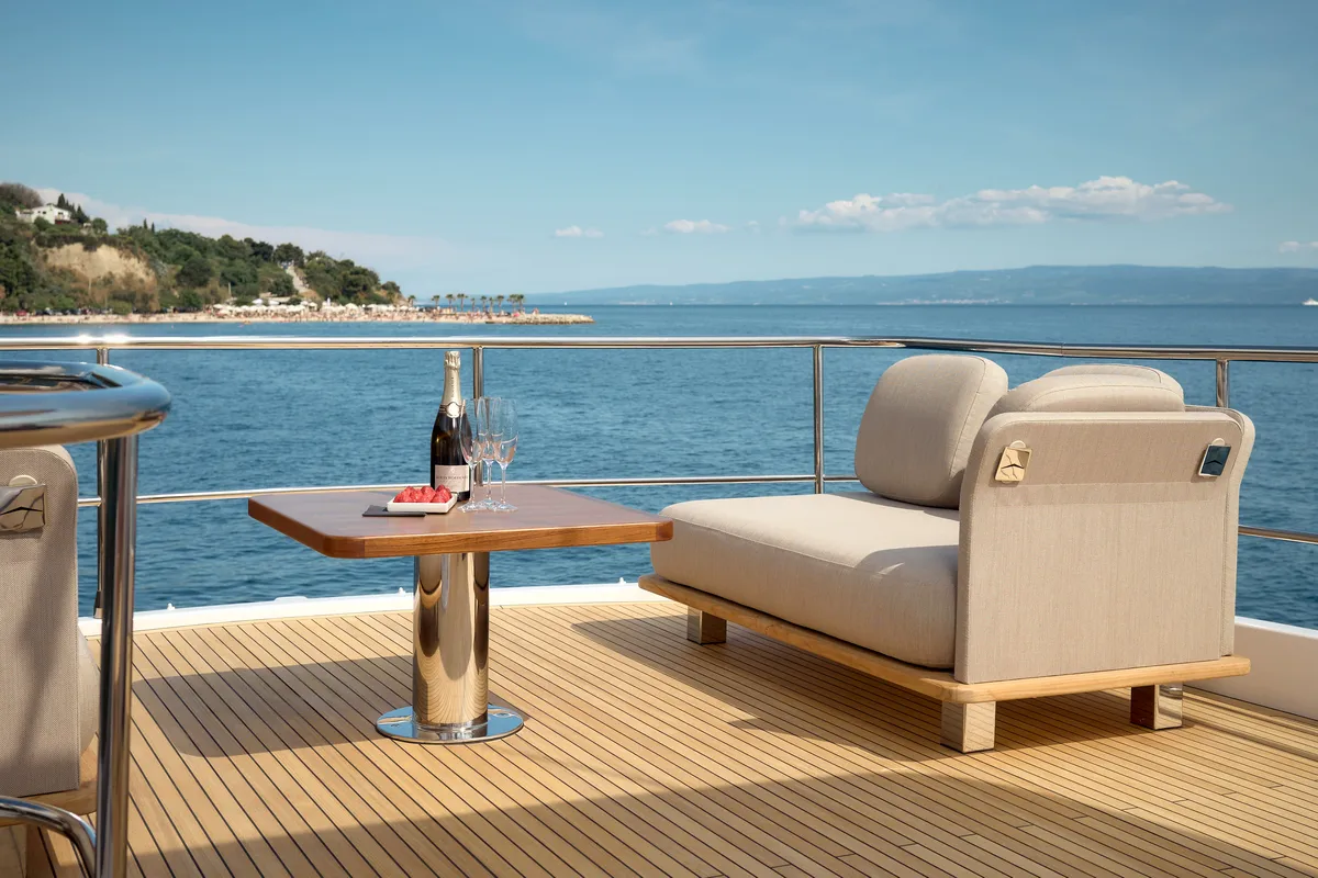 Deck of Ava II, a Azimut Magellano 66 motor yacht at Lavreotiki, Greece