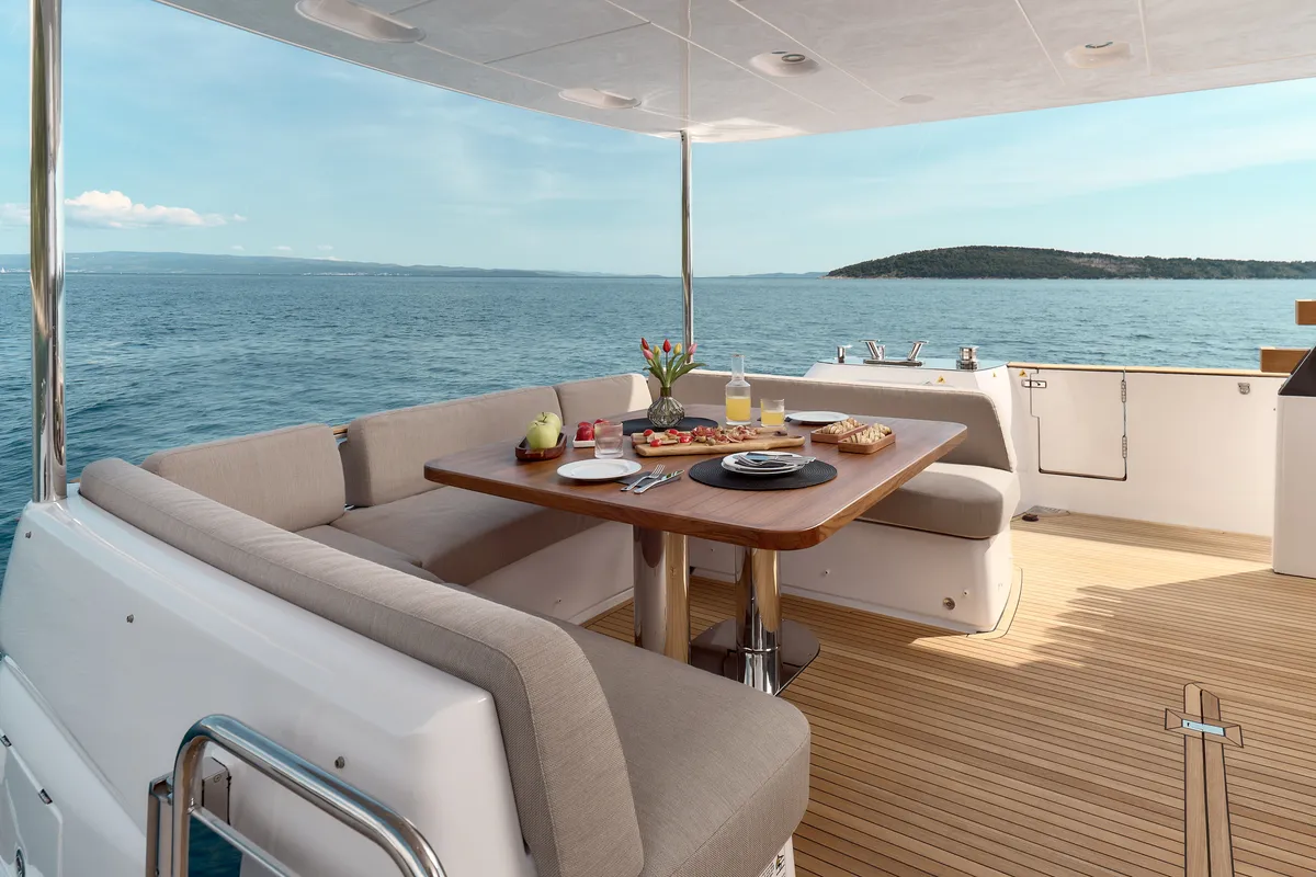Deck of Ava II, a Azimut Magellano 66 motor yacht at Lavreotiki, Greece