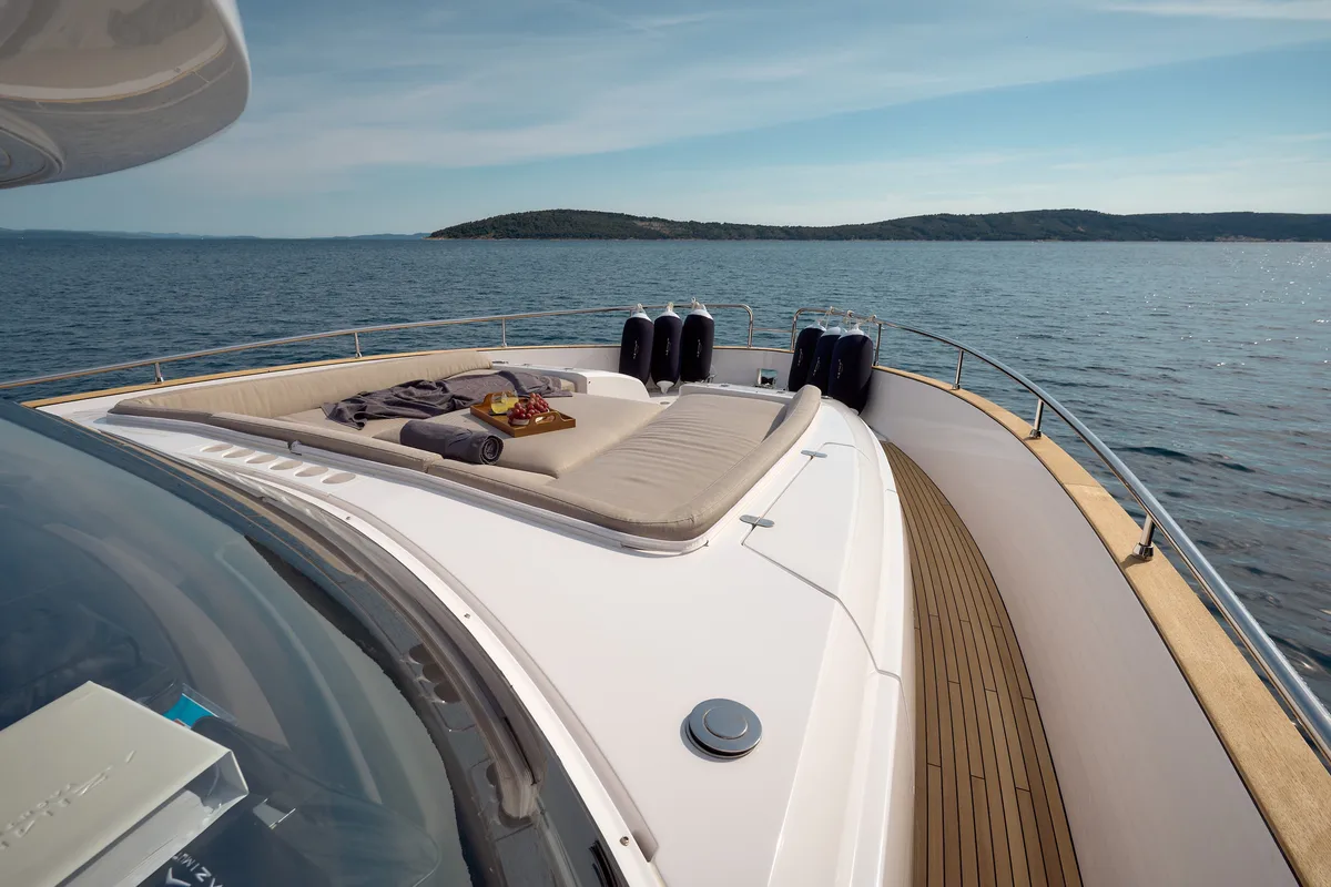 Deck of Ava II, a Azimut Magellano 66 motor yacht at Lavreotiki, Greece