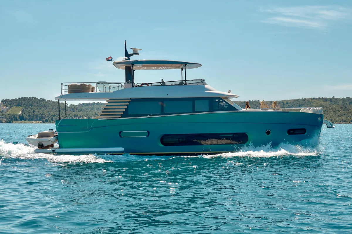 Exterior view of Ava II, a Azimut Magellano 66 motor yacht at Lavreotiki, Greece