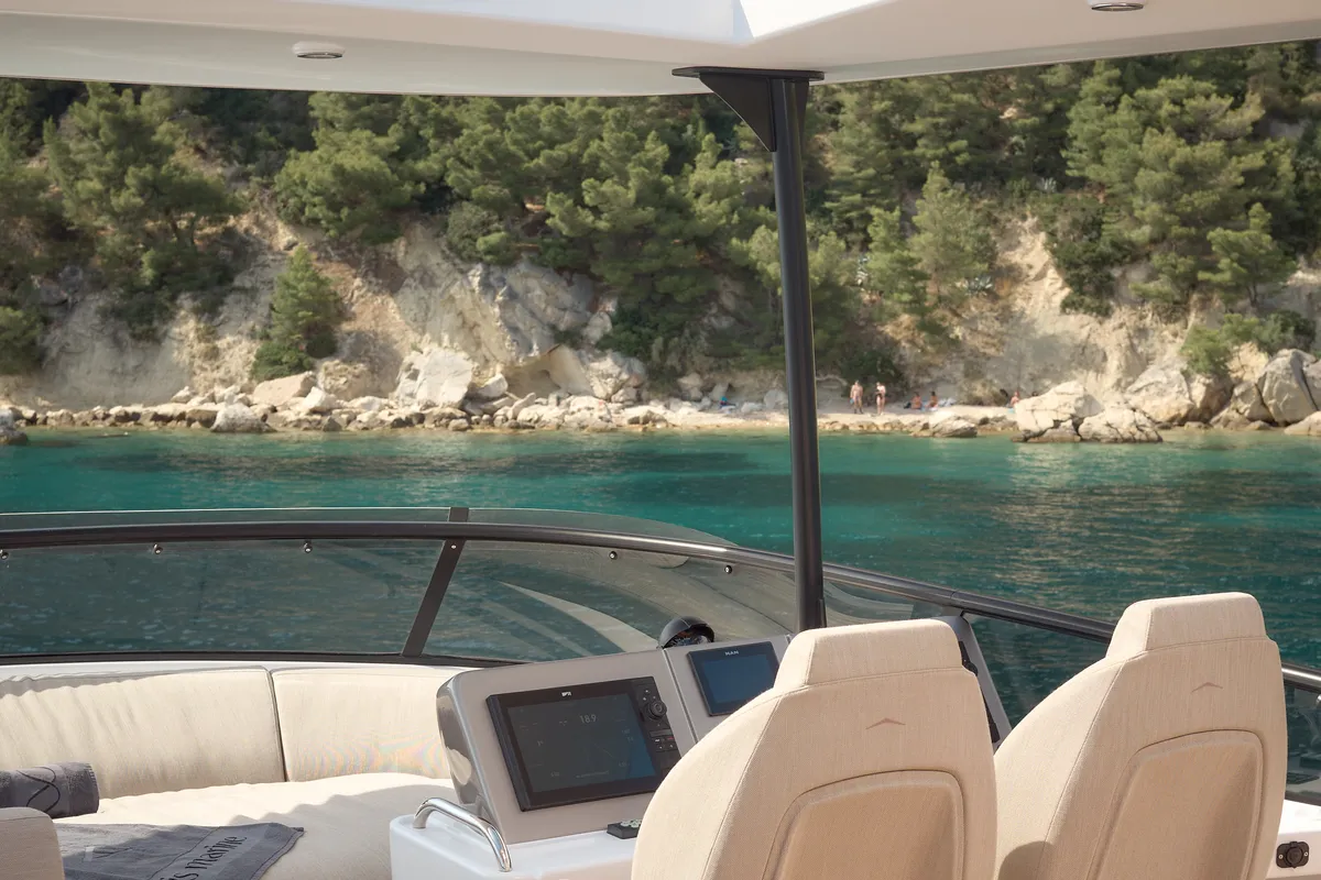 Cockpit of Ava II, a Azimut Magellano 66 motor yacht at Lavreotiki, Greece