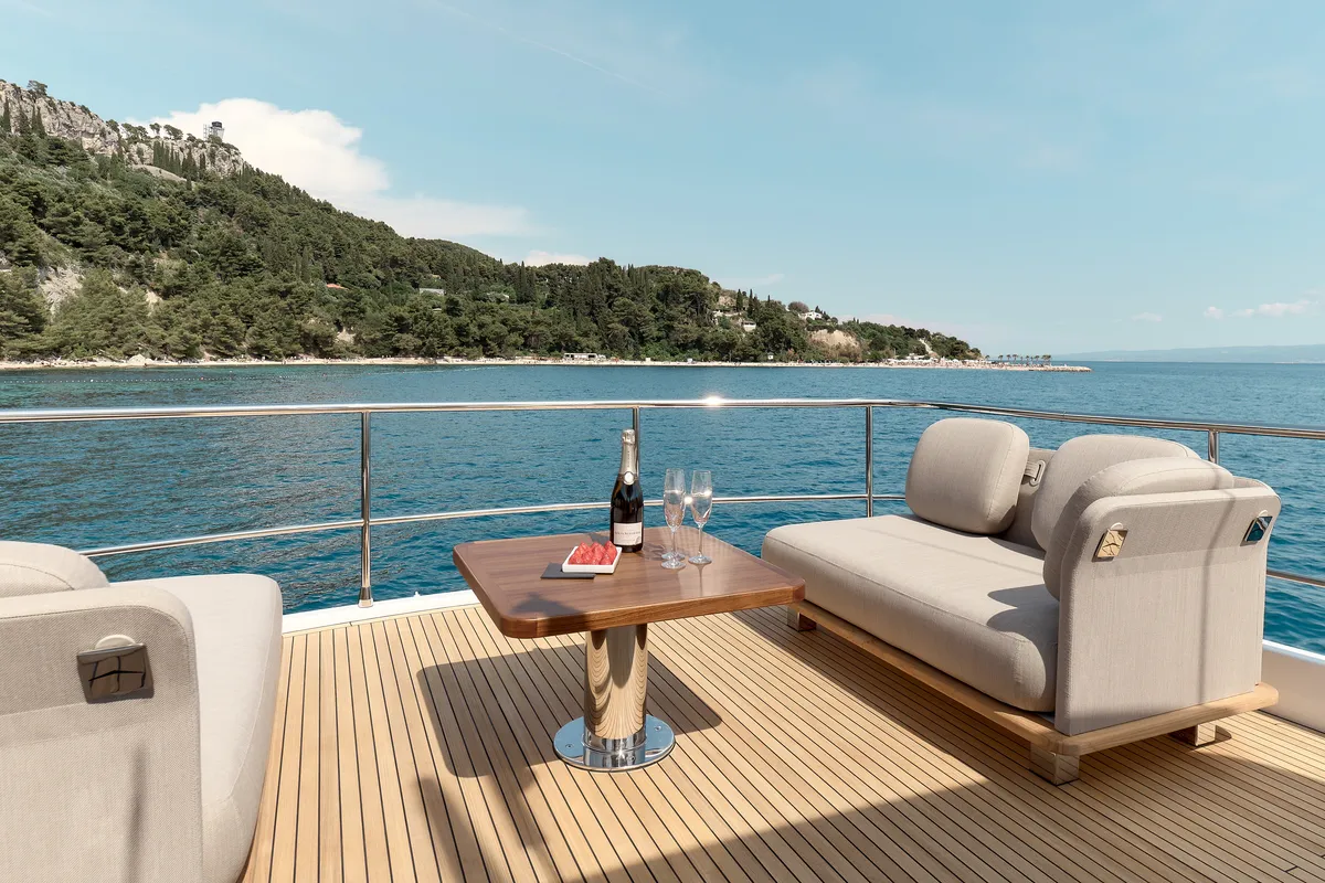 Deck of Ava II, a Azimut Magellano 66 motor yacht at Lavreotiki, Greece