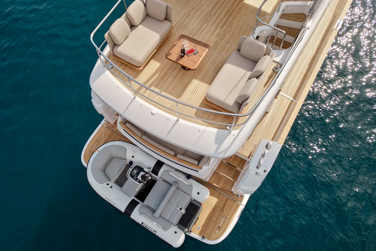 Exterior view of Ava II, a Azimut Magellano 66 motor yacht at Lavreotiki, Greece