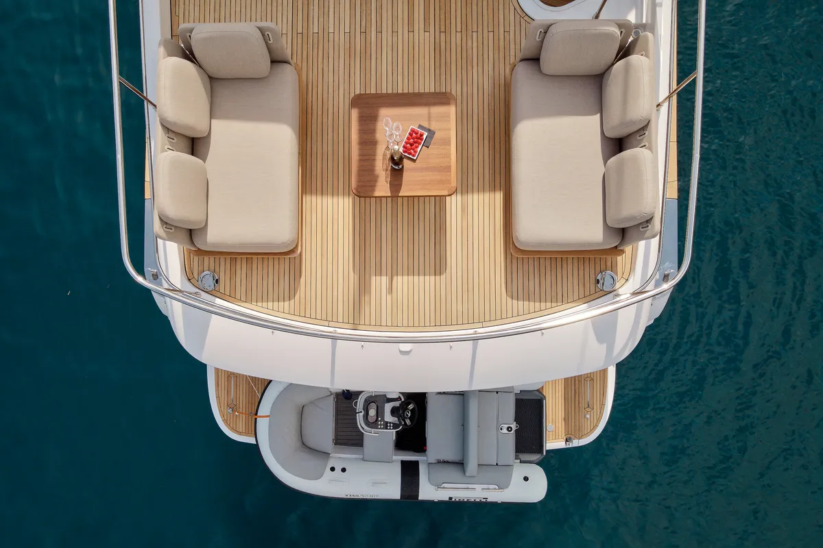 Deck of Ava II, a Azimut Magellano 66 motor yacht at Lavreotiki, Greece