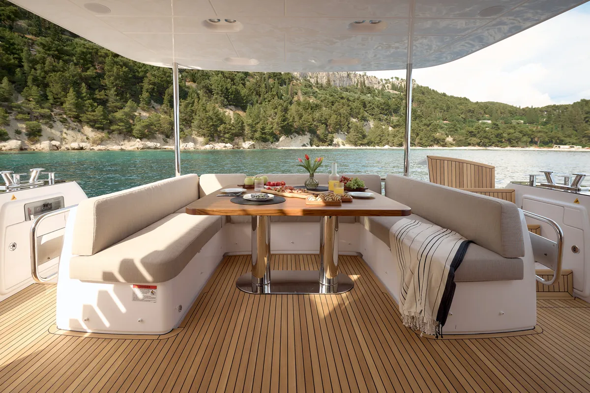 Deck of Ava II, a Azimut Magellano 66 motor yacht at Lavreotiki, Greece