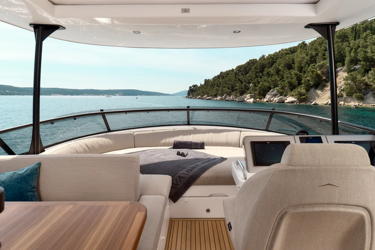 Deck of Ava II, a Azimut Magellano 66 motor yacht at Lavreotiki, Greece