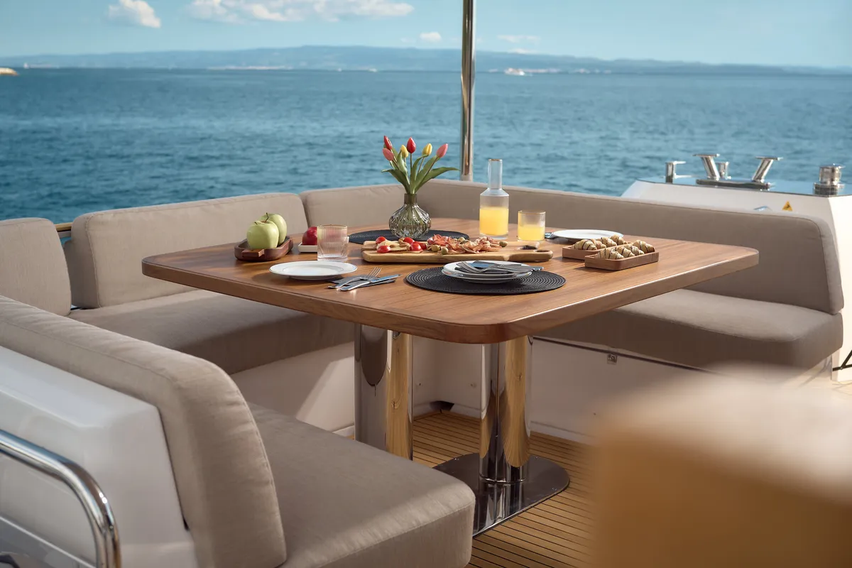 Deck of Ava II, a Azimut Magellano 66 motor yacht at Lavreotiki, Greece