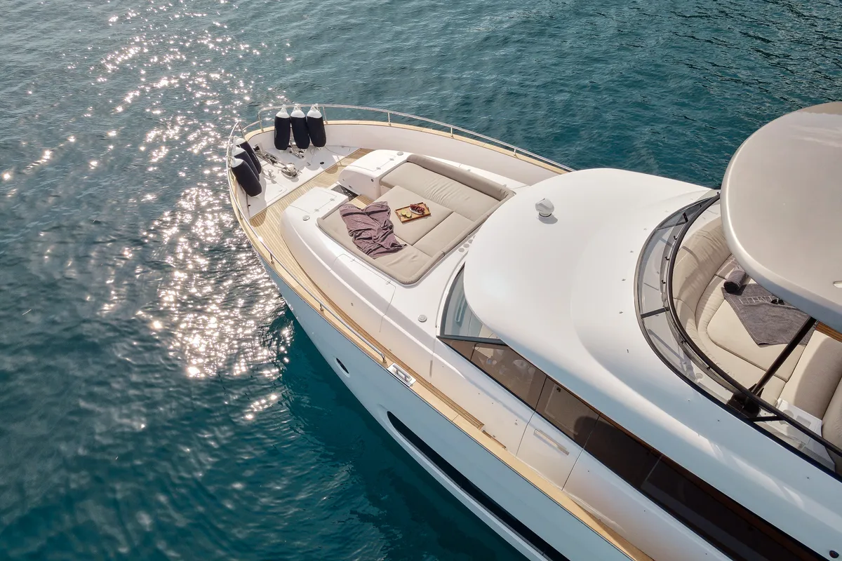 Exterior view of Ava II, a Azimut Magellano 66 motor yacht at Lavreotiki, Greece