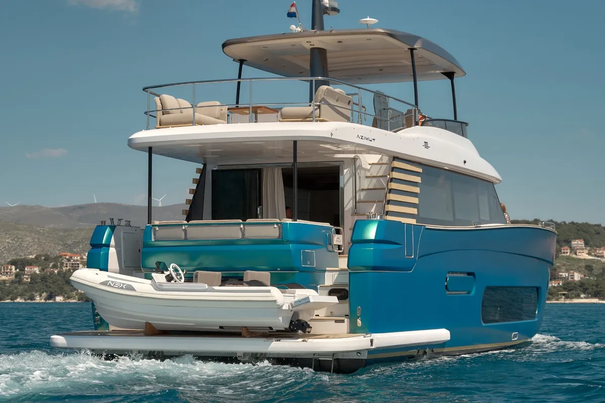 Exterior view of Ava II, a Azimut Magellano 66 motor yacht at Lavreotiki, Greece